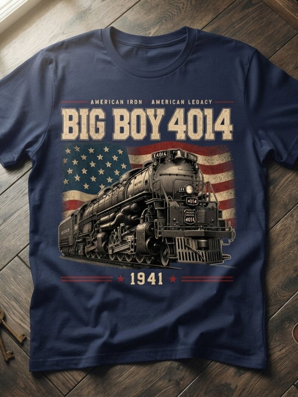 Big Boy 4014 Locomotive American Flag Vintage Navy T-Shirt
